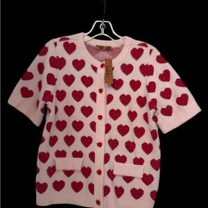 Valentine Warm fuzzy soft Pink and Red Heart Woman’s Cardigan L